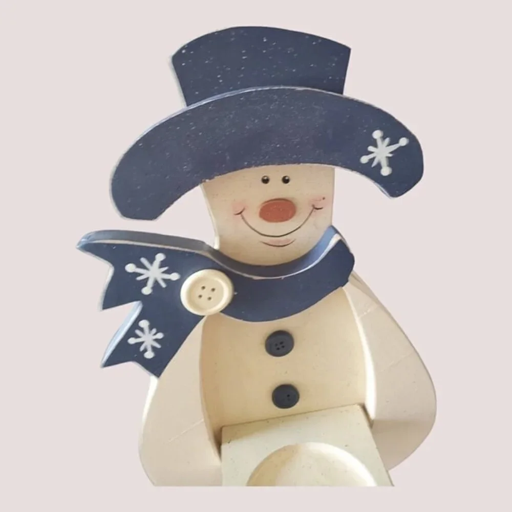 Snowman candle holder wood handprinted